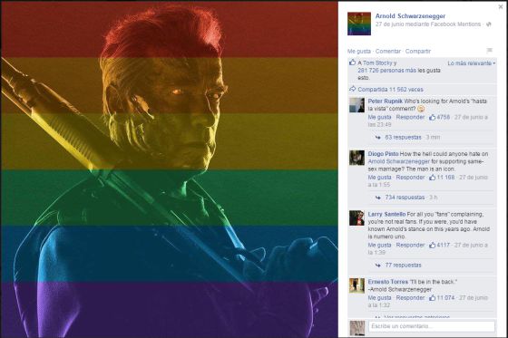 Página de Arnold Schwarzenegger en Facebook, con una imagen de Terminator y los colores del arcoíris
