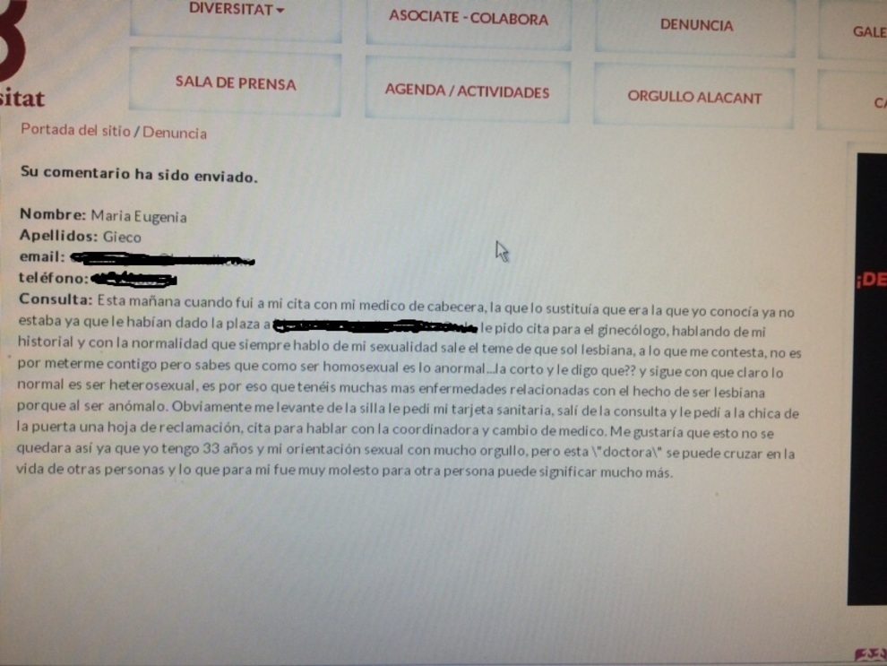 Denuncia pública de María Eugenia Gieco en la página web del colectivo LGTBI de Alicante, Diversitat. E.M.