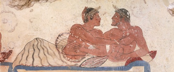Symposium scene, circa 480-490 BC, decorative fresco from north wall of Tomb of Diver at Paestum, Campania, Italy, Detail of so-called lovers, 5th Century BC