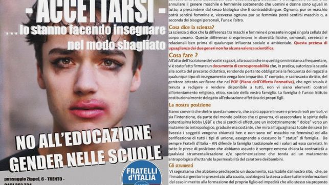 Un comité del partido Fratelli dItalia en la región de Trento lanzó una campaña con el lema No a la ideología del género en los colegios