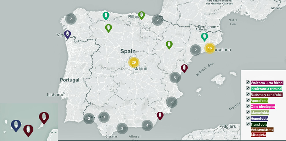 Captura del 'mapa del odio', con los casos mortales registrados en España entre 1990 y 2015. E. M.