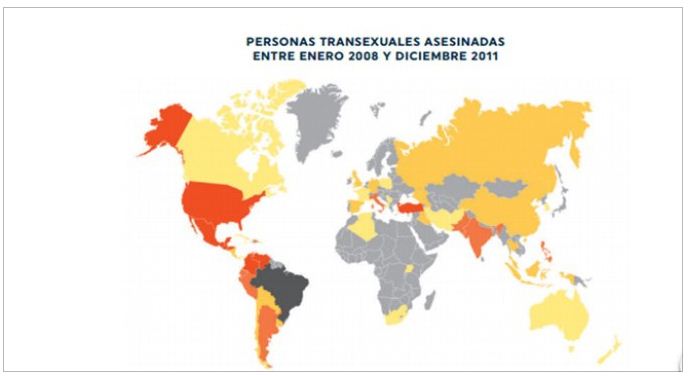En rojo, los países donde se han cometido entre 20 y 100 asesinatos de personas transexuales; en negro, donde ha habido más de 100 asesinatos; y en gris, los que no ofrecen datos.