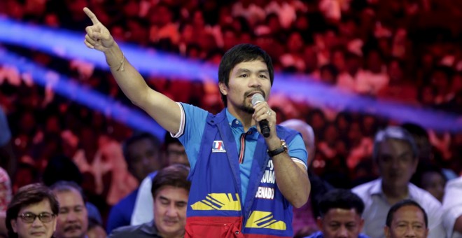 Manny Pacquiao durante un mitin electoral la semana pasada