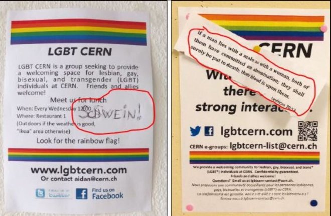 Carteles del colectivo LGBT del CERN con la palabra 'cerdo' en alemán y una cita bíblica