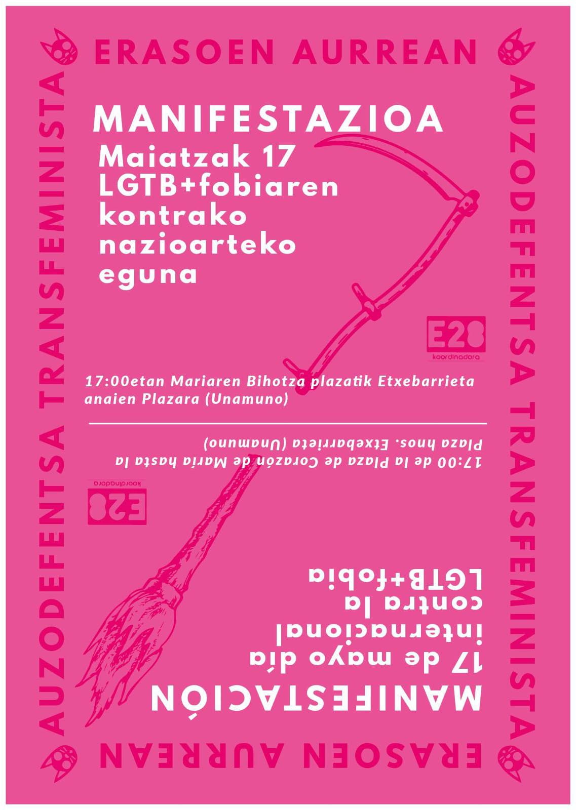 Manifestazioa Maiatzak 17 "erasoen aurrean, auzodefentsa transfeminista" 17:00etan Bilboko Mariaren Bihotza plazan